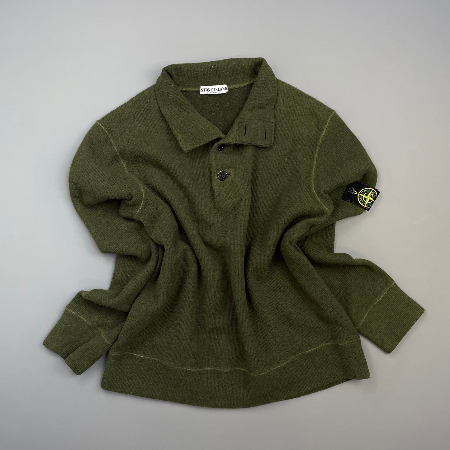 Stone Island Green AW06 Fine-Rib Wool Knit Button Collar Jumper