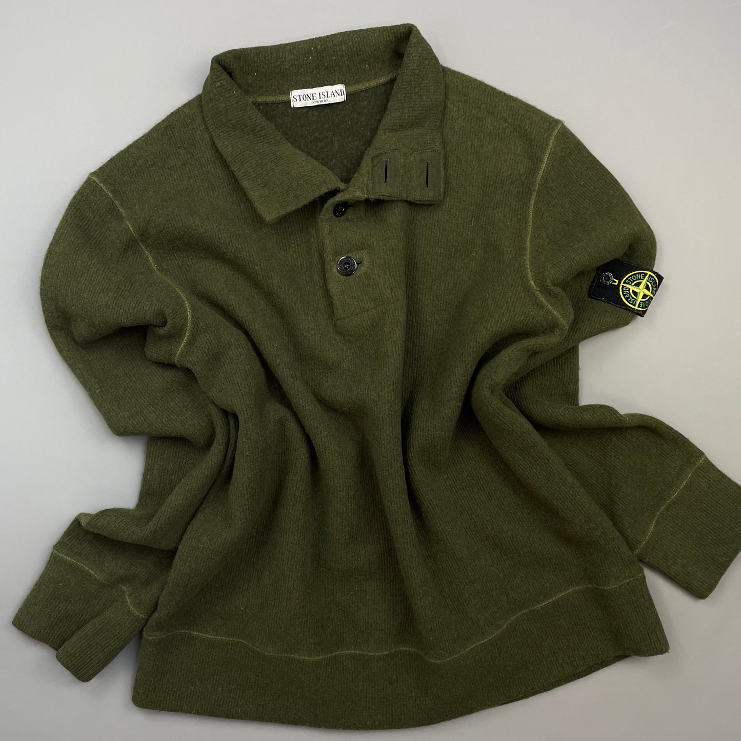 Stone Island Green AW06 Fine-Rib Wool Knit Button Collar Jumper