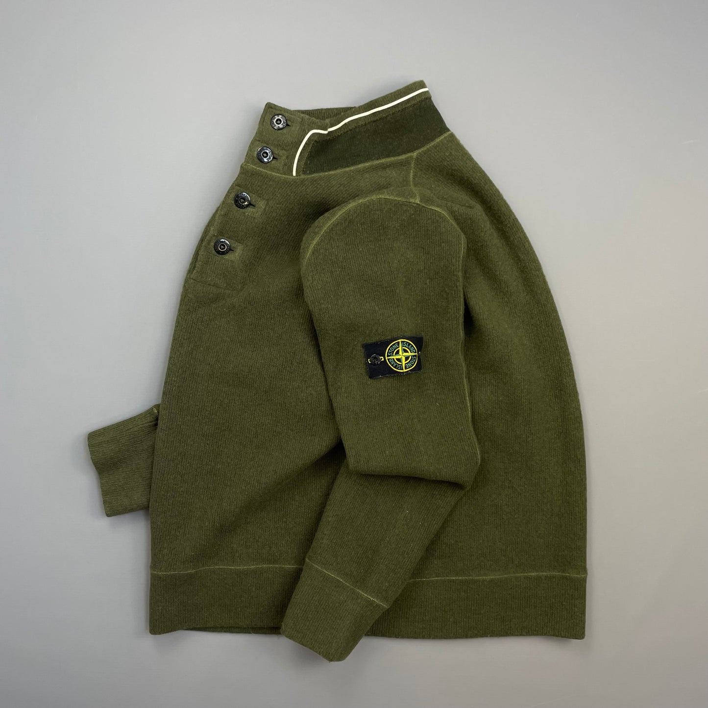 Stone Island Green AW06 Fine-Rib Wool Knit Button Collar Jumper