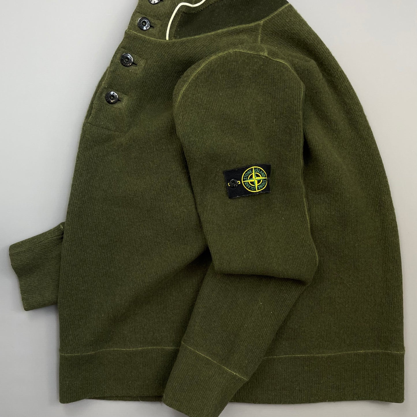 Stone Island Green AW06 Fine-Rib Wool Knit Button Collar Jumper