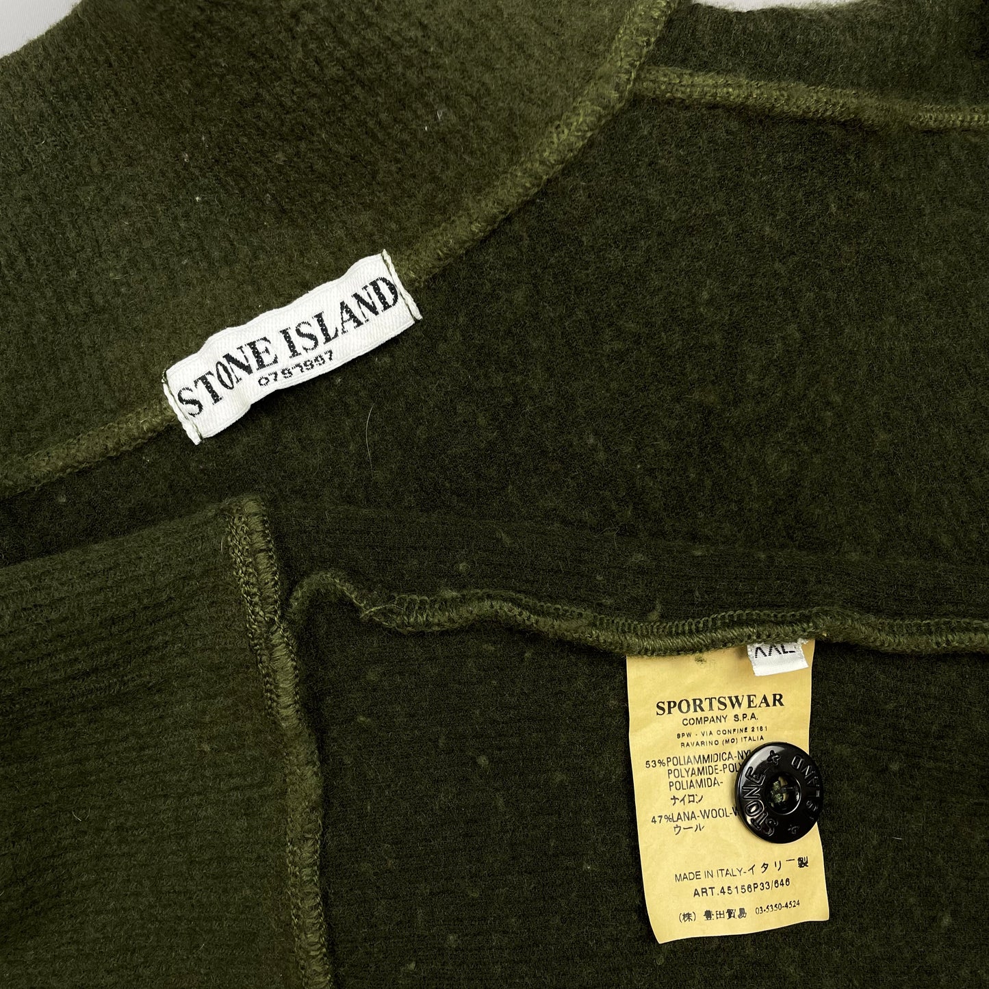 Stone Island Green AW06 Fine-Rib Wool Knit Button Collar Jumper