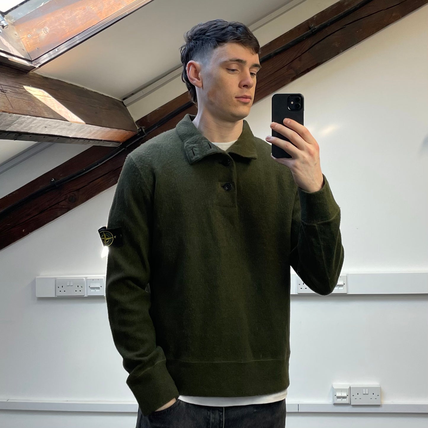 Stone Island Green AW06 Fine-Rib Wool Knit Button Collar Jumper