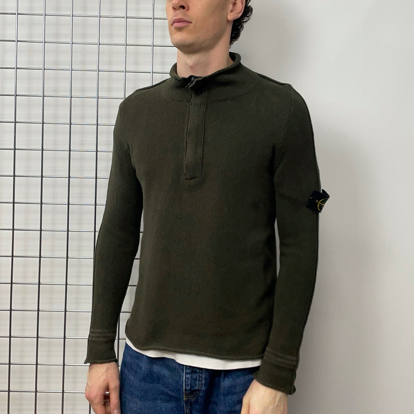 Stone Island Khaki Green SS03 Cotton Silk Knit Half-Zip Jumper