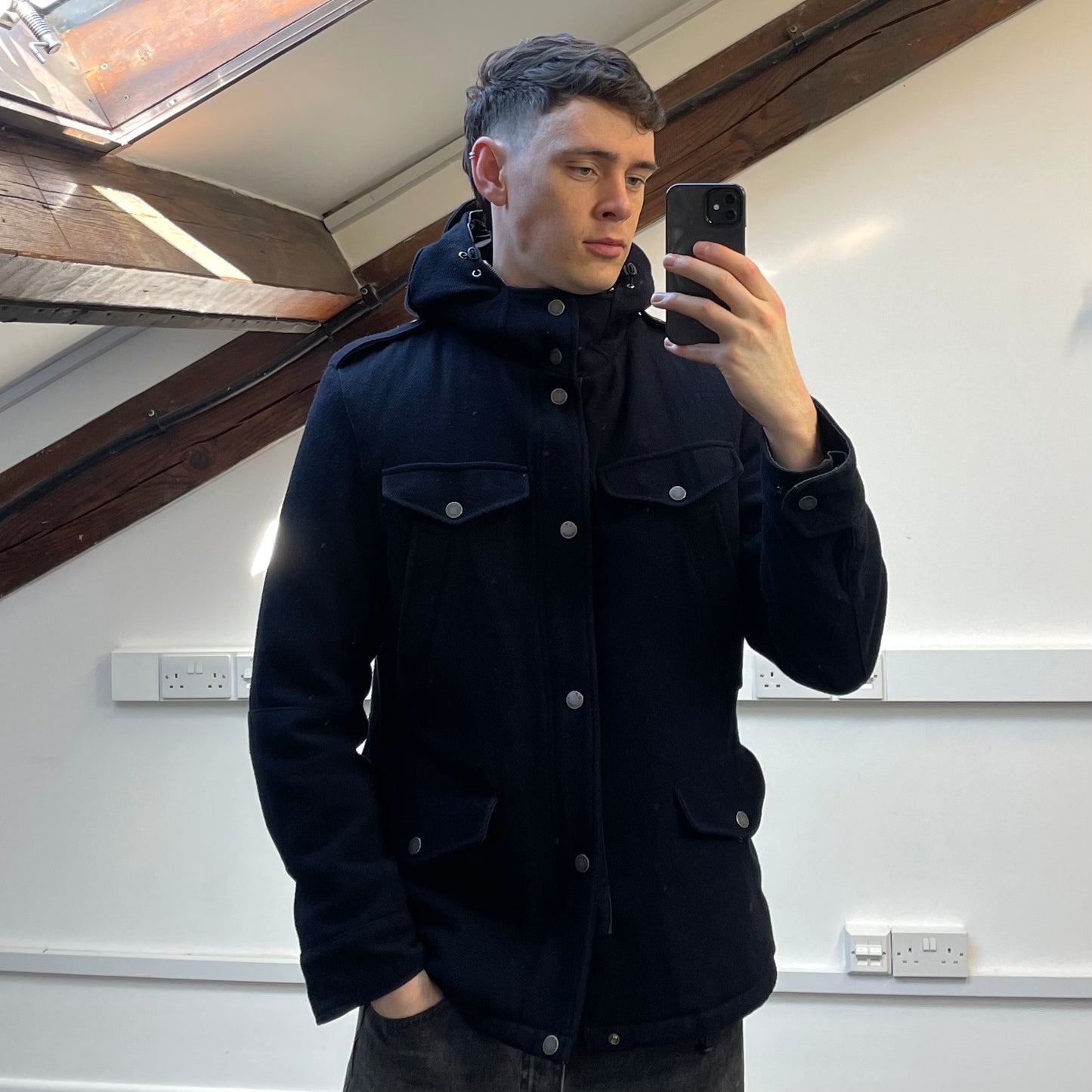 C.P. Company Navy Wool Padded Multi-Pocket Hooded Parka Jacket