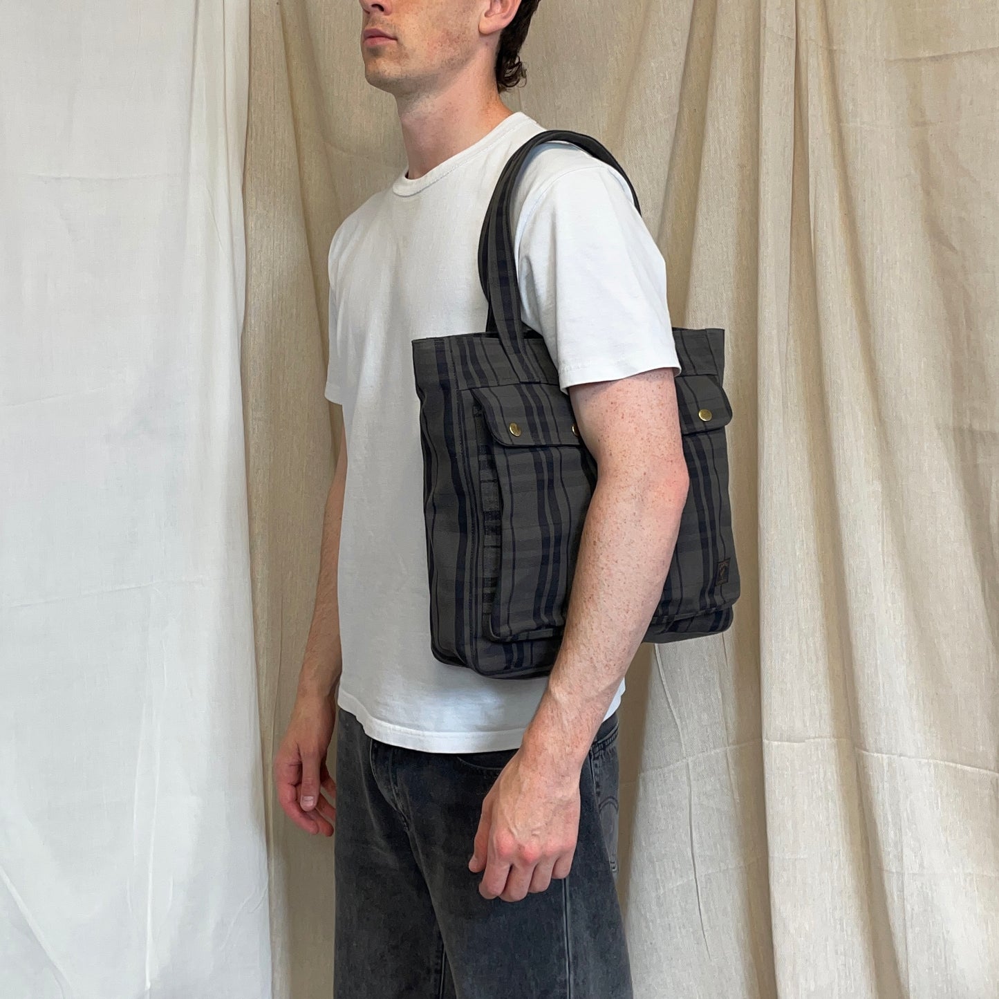 Porter International Grey & Brown Checkered Canvas Side Tote Bag
