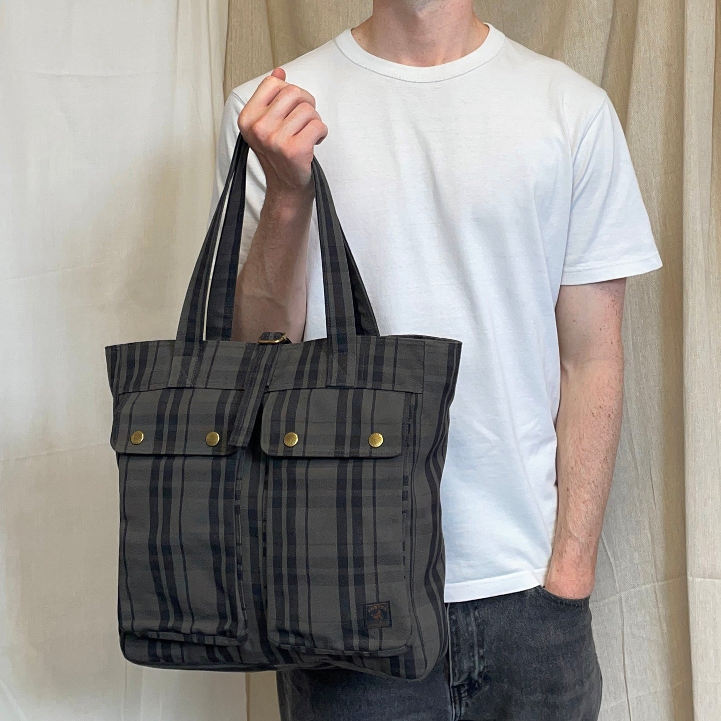 Porter International Grey & Brown Checkered Canvas Side Tote Bag