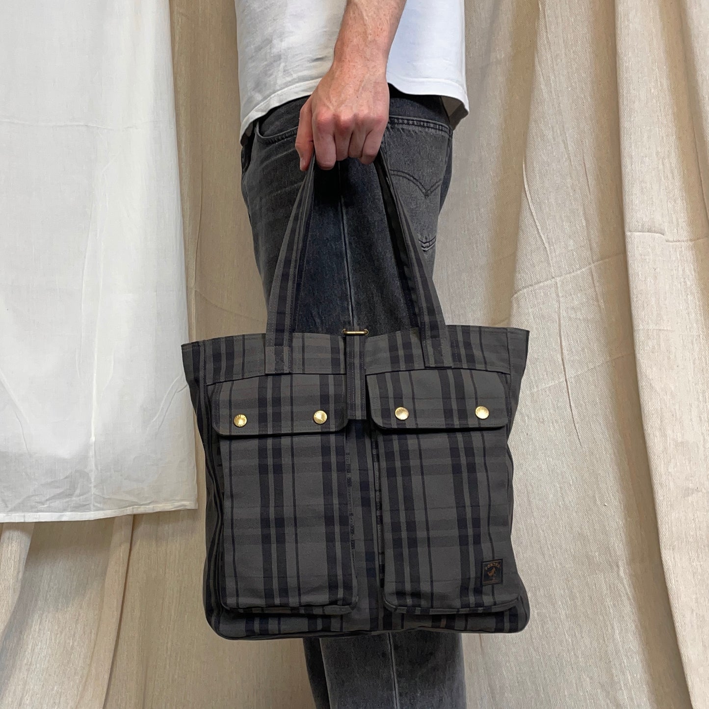 Porter International Grey & Brown Checkered Canvas Side Tote Bag