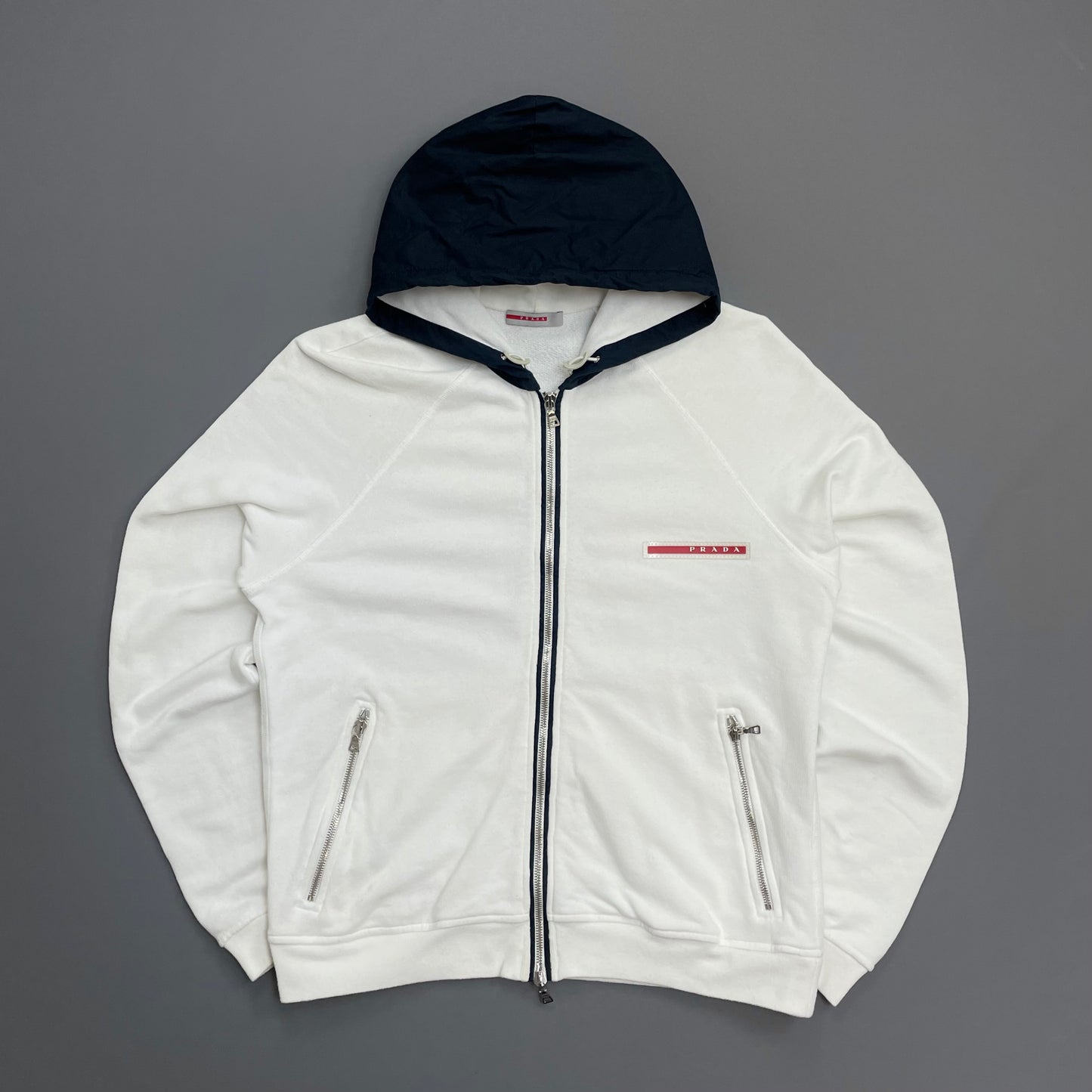 Prada Sport White 2006 Navy Hood Cotton Zip-Through Hoodie