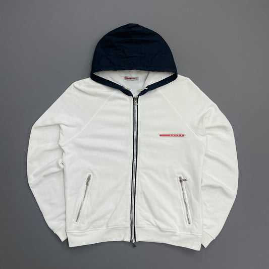 Prada Sport White 2006 Navy Hood Cotton Zip-Through Hoodie