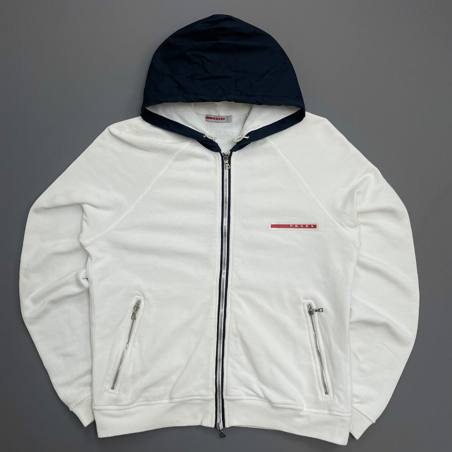 Prada Sport White 2006 Navy Hood Cotton Zip-Through Hoodie