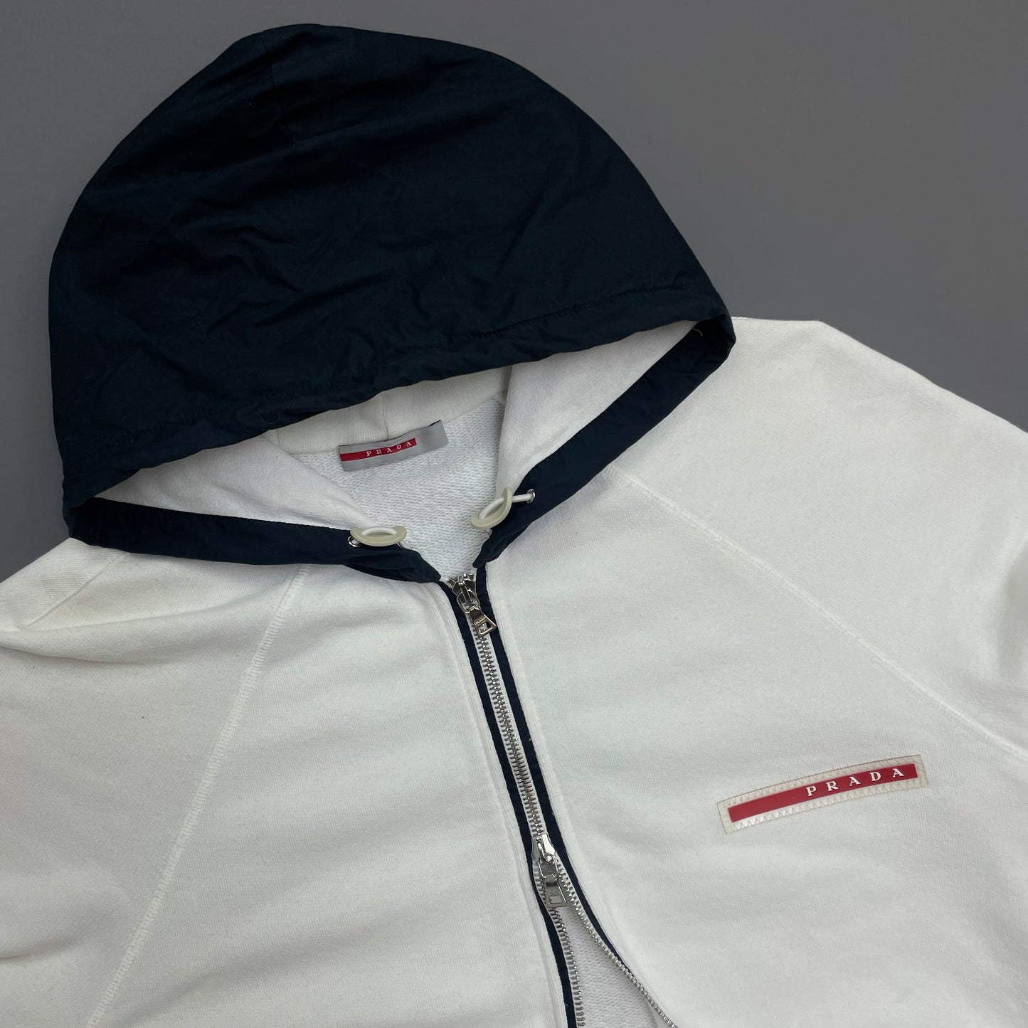 Prada Sport White 2006 Navy Hood Cotton Zip-Through Hoodie