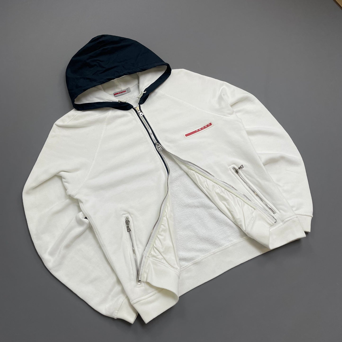 Prada Sport White 2006 Navy Hood Cotton Zip-Through Hoodie