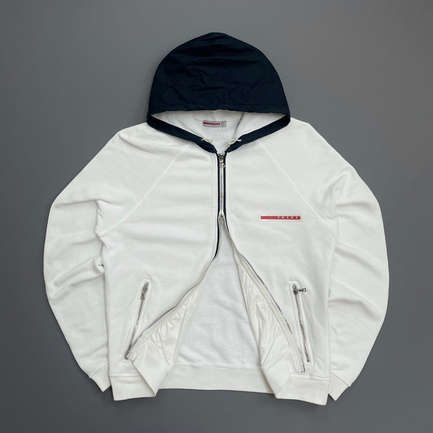 Prada Sport White 2006 Navy Hood Cotton Zip-Through Hoodie