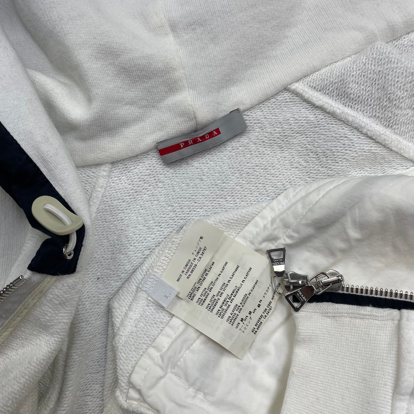 Prada Sport White 2006 Navy Hood Cotton Zip-Through Hoodie