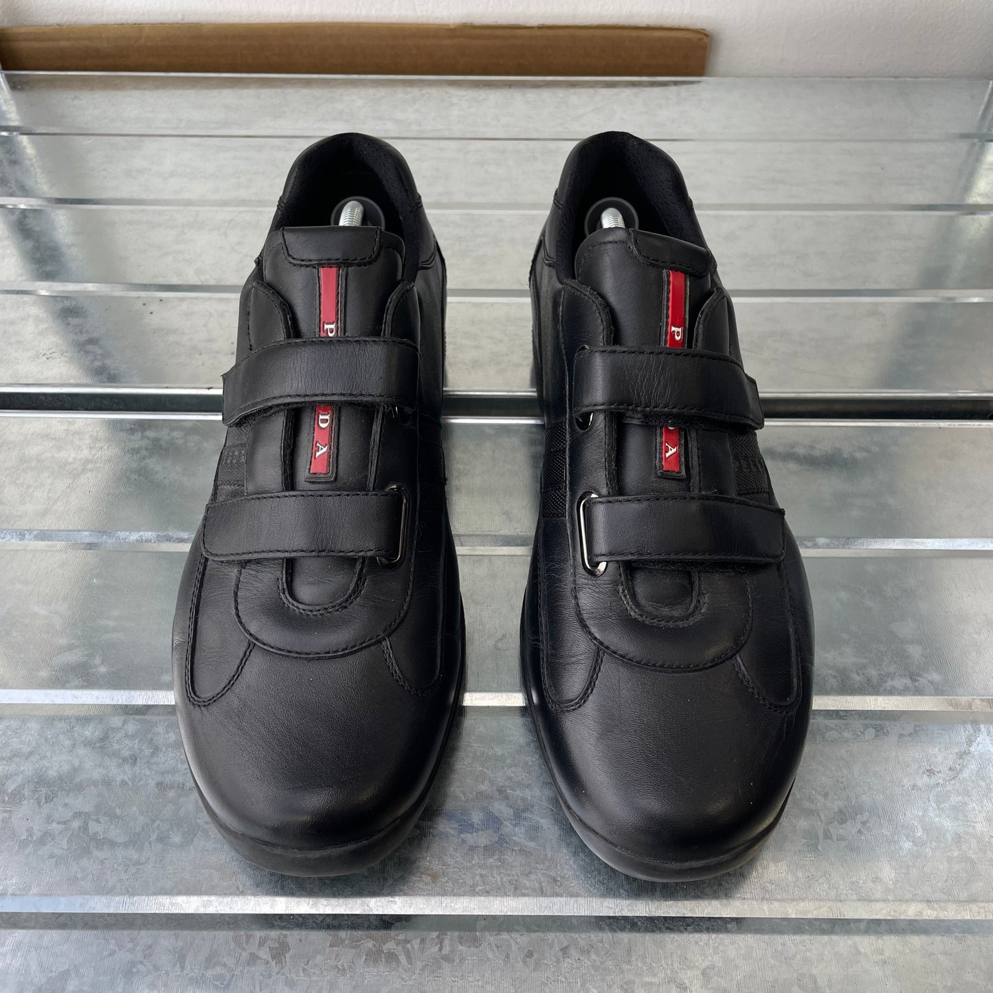 Prada Sport Black 00s Leather Spellout Strap Americas Cup Trainers