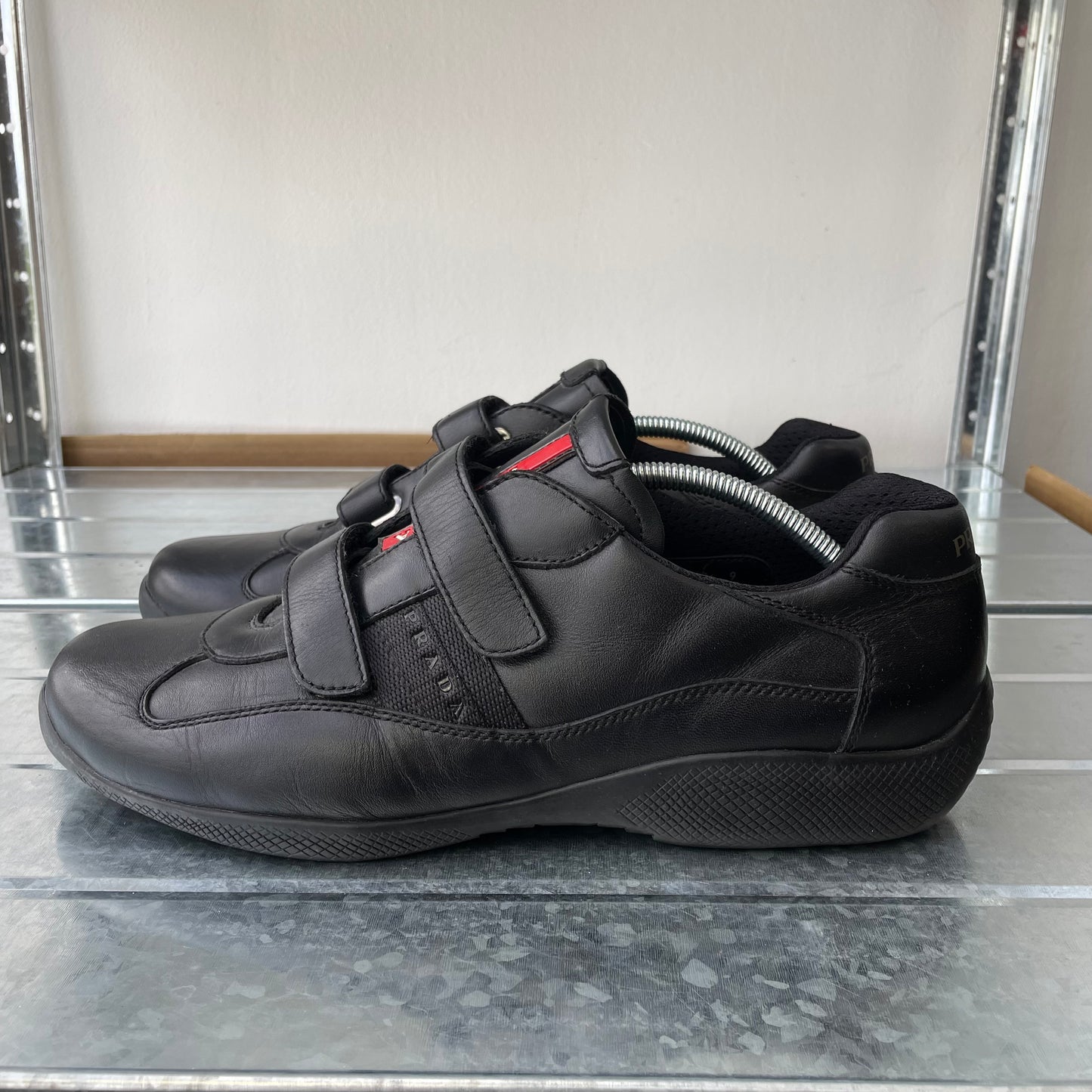 Prada Sport Black 00s Leather Spellout Strap Americas Cup Trainers