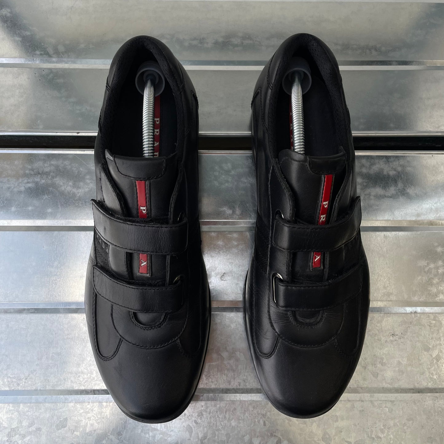Prada Sport Black 00s Leather Spellout Strap Americas Cup Trainers