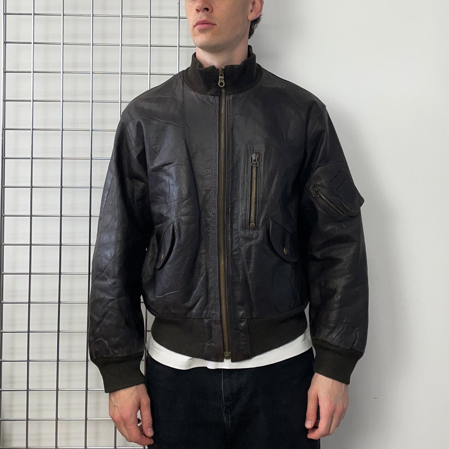 Armani Jeans Brown 90s Leather Bomber Jacket