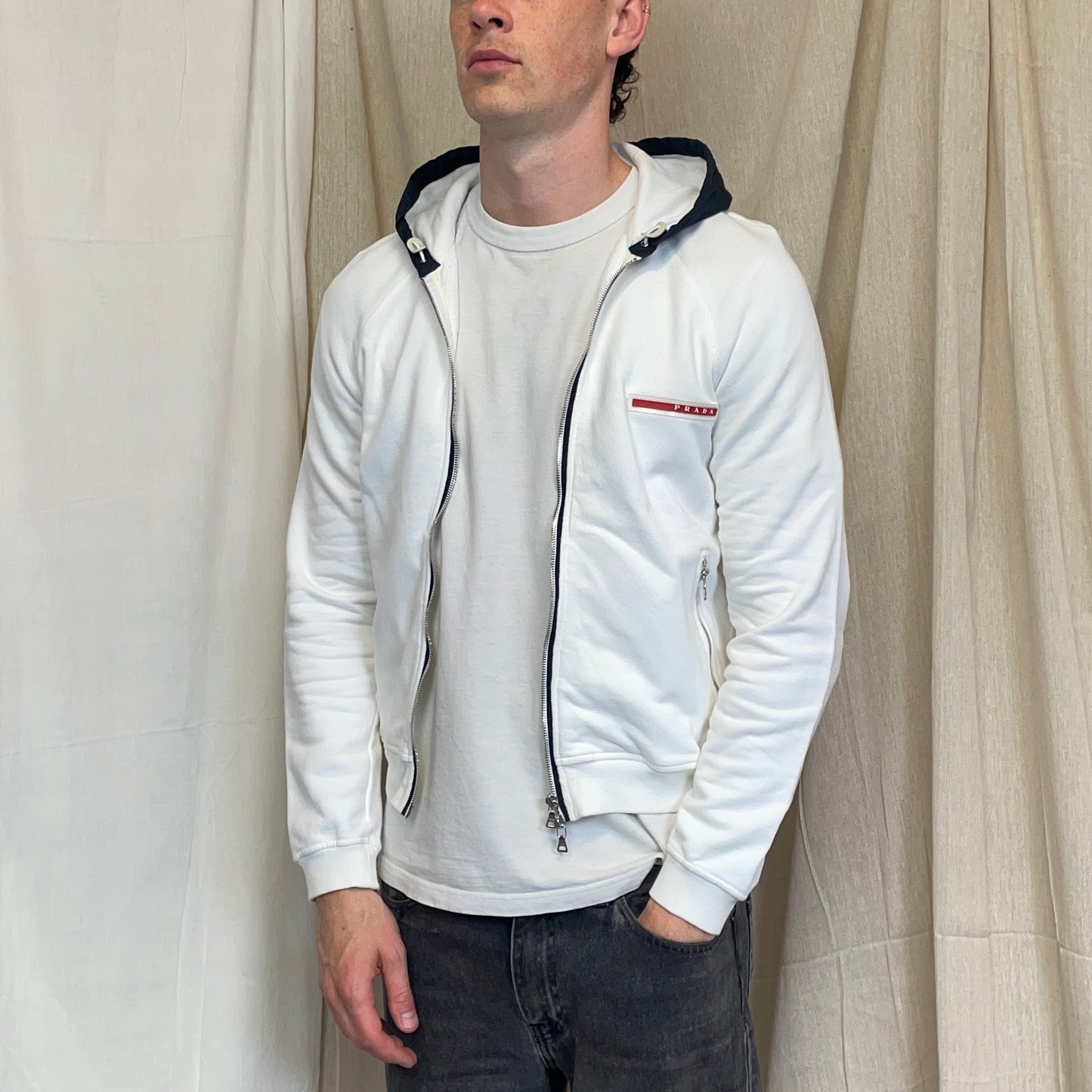 Prada Sport White 2006 Navy Hood Cotton Zip-Through Hoodie