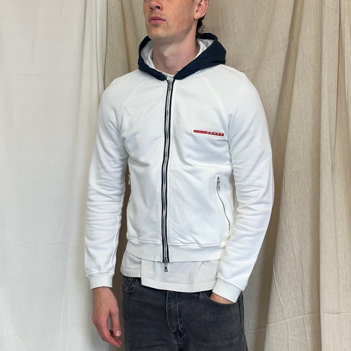 Prada Sport White 2006 Navy Hood Cotton Zip-Through Hoodie