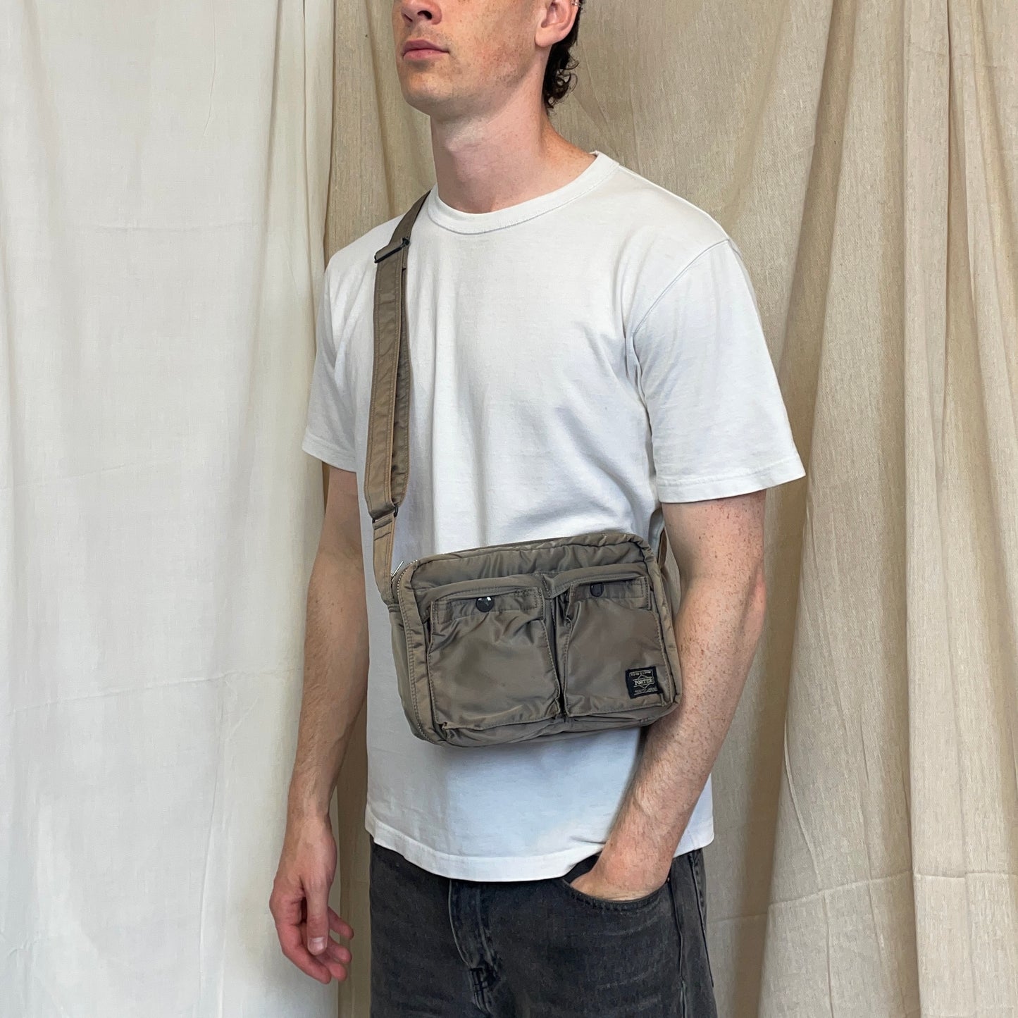 Porter Yoshida & Co. Silver & Beige Nylon Tanker Shoulder Bag