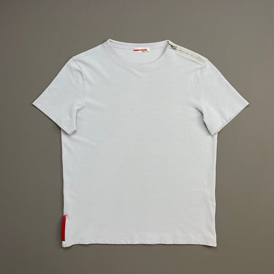 Prada Sport Light Blue 00s Nylon Canvas Textured Zip-Shoulder T-Shirt