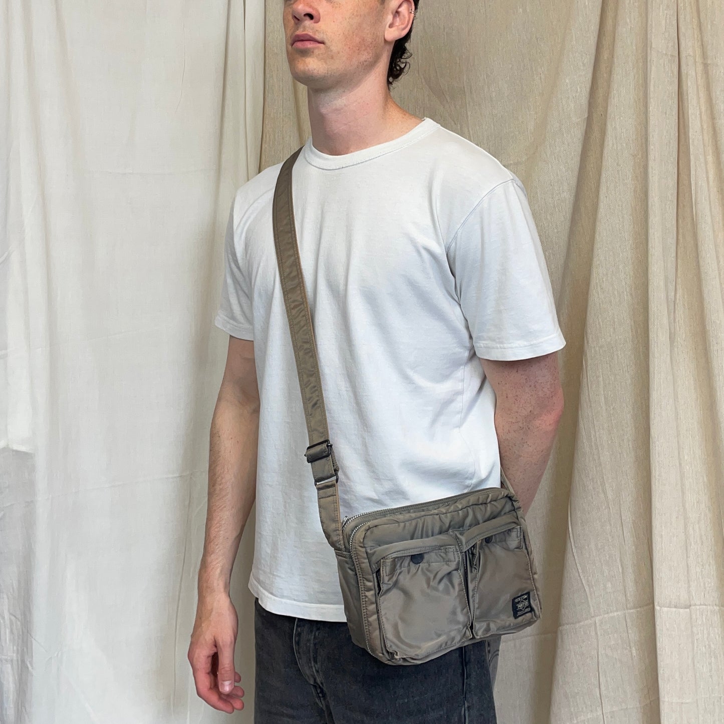 Porter Yoshida & Co. Silver & Beige Nylon Tanker Shoulder Bag