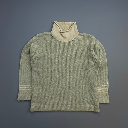 Stone Island Beige & Tan AW98 Cuff Spellout Wool Knit High-Neck Jumper