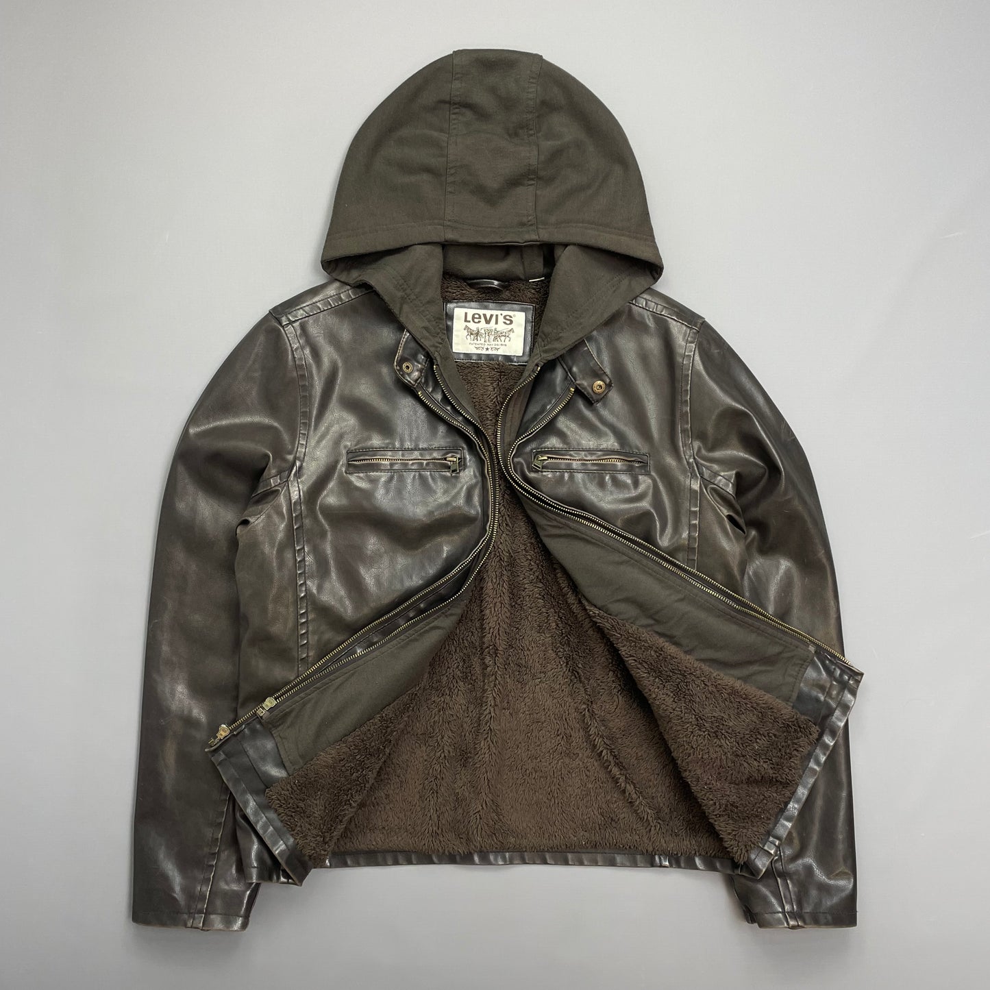 Levi's Brown PVC Leather-Style Faux Fur Lined Hooded Jacket
