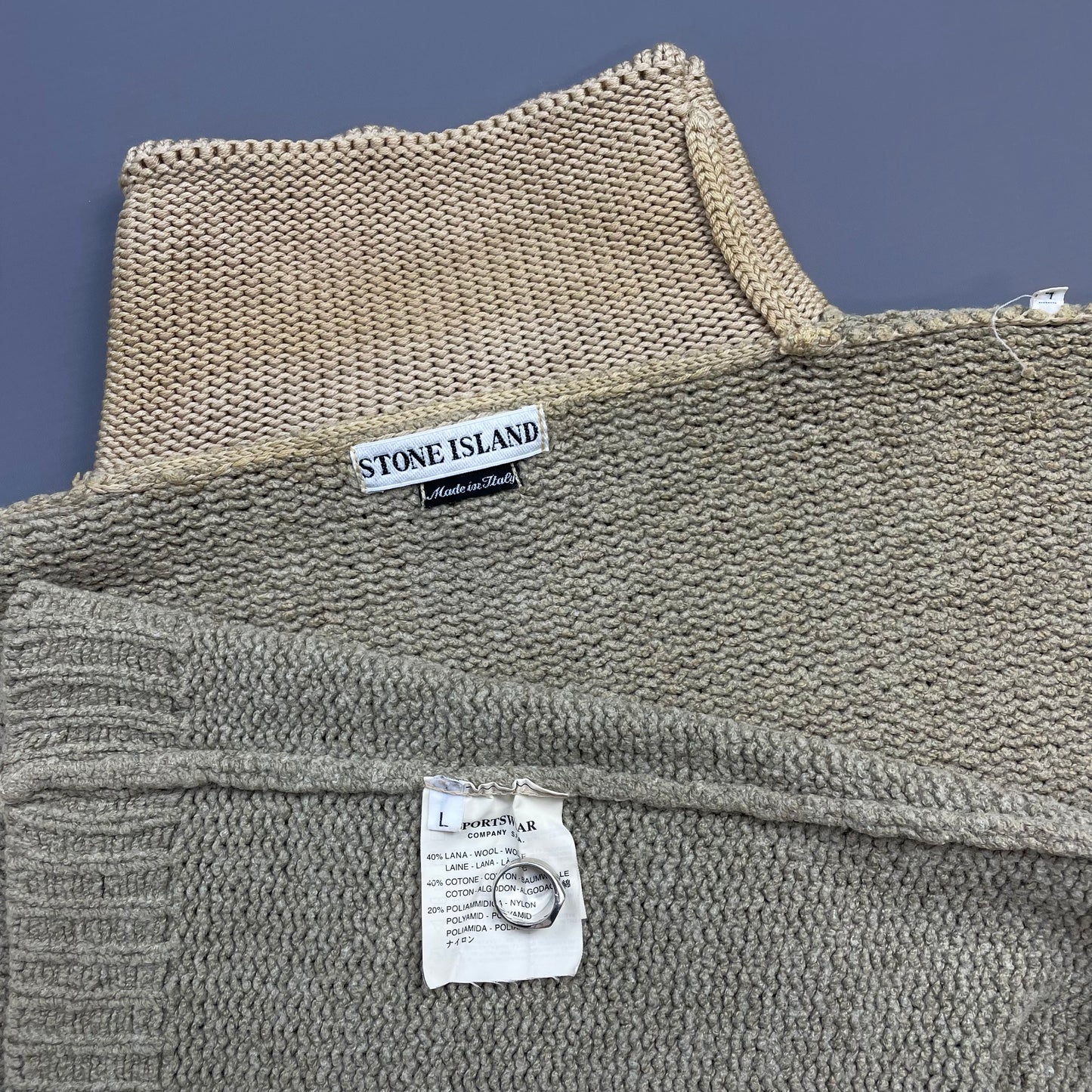 Stone Island Beige & Tan AW98 Cuff Spellout Wool Knit High-Neck Jumper