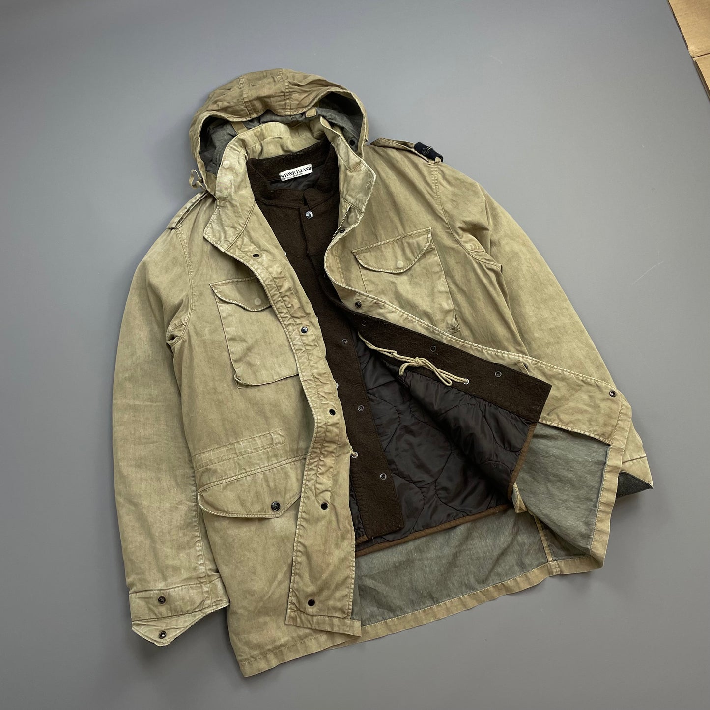Stone Island Tan & Brown AW06 Lino-Flax Concealed Hood Dutch Rope Liner Overcoat