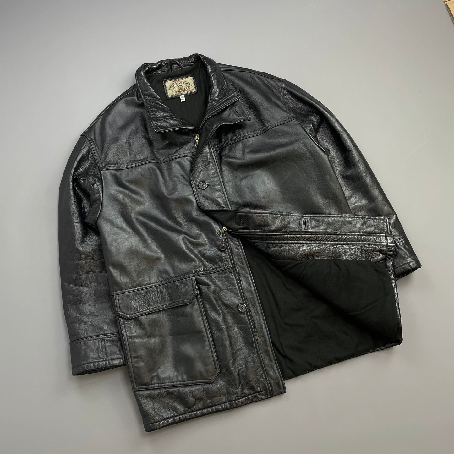 Armani Jeans Black 90s Premium Leather Overcoat