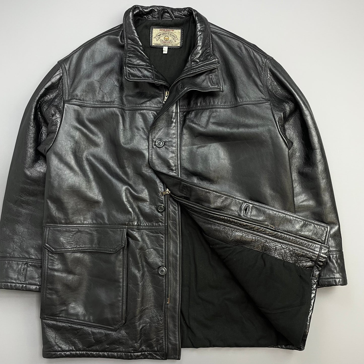 Armani Jeans Black 90s Premium Leather Overcoat