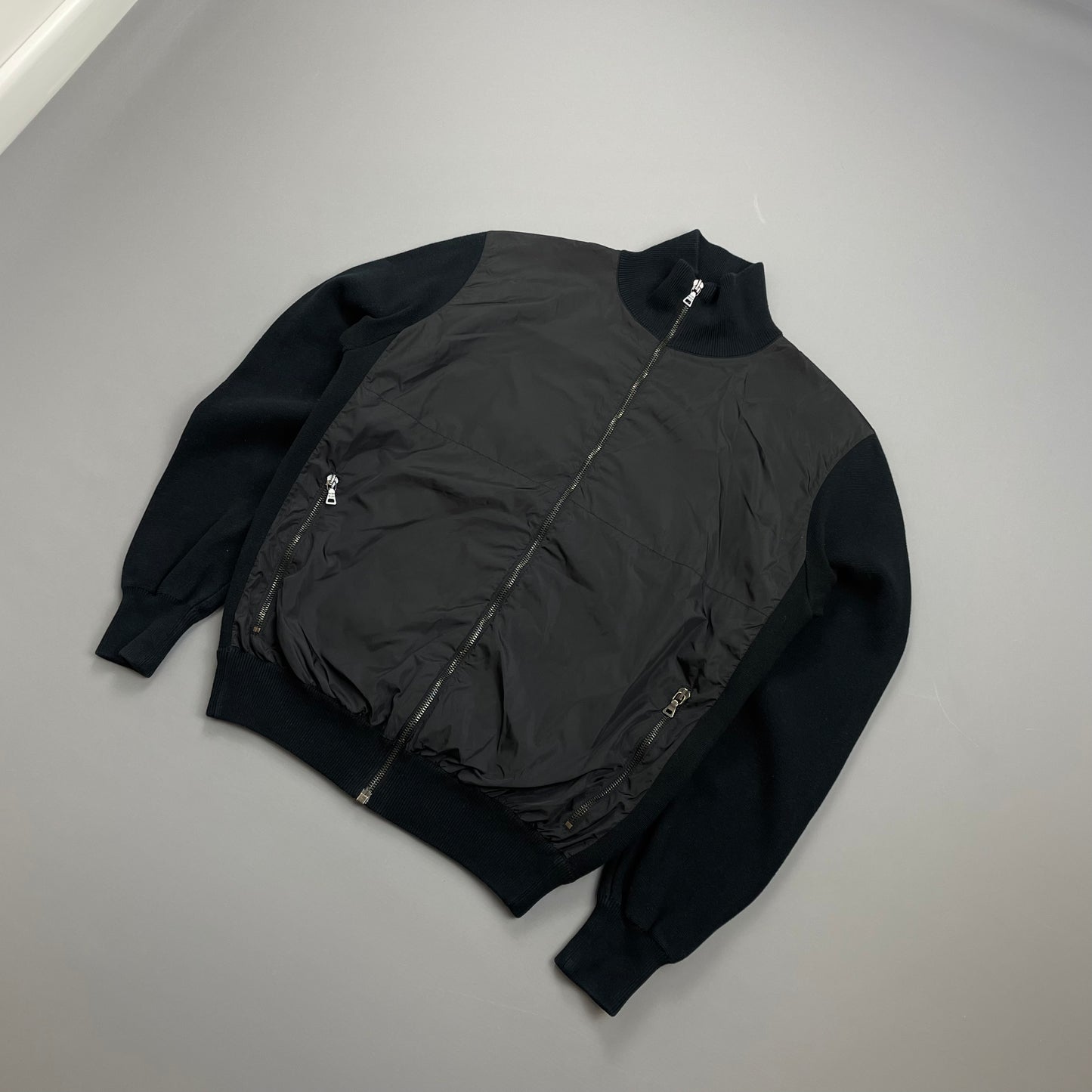 Prada Sport Black 2008 Cotton Knit Nylon Torso Zip-Through Jacket