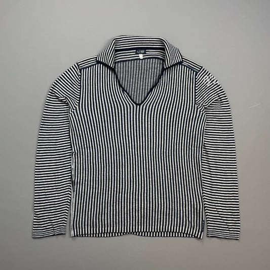 Armani Jeans Grey & Navy Striped Cotton Knit Collared Jumper