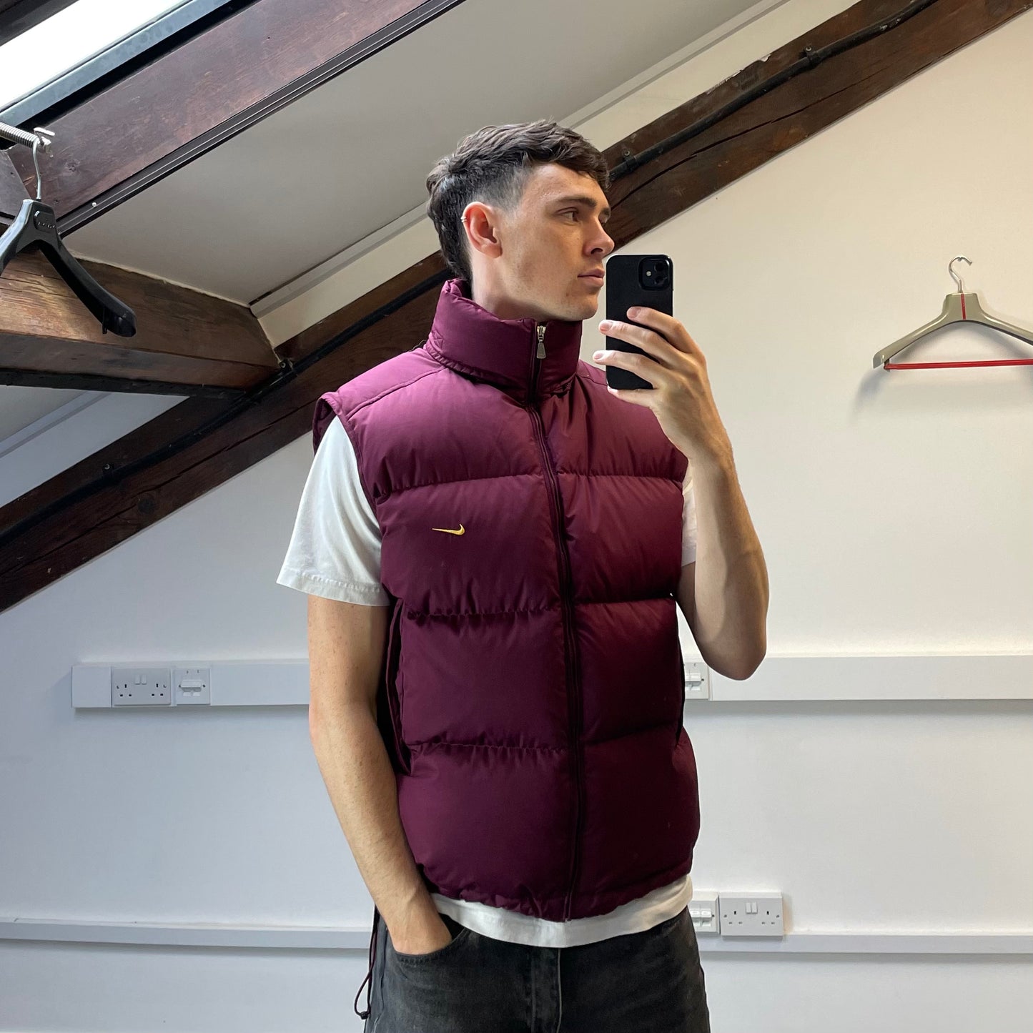 Nike Maroon 2002 Fall Release Down Puffer Gilet Vest w/ Concealed Hood