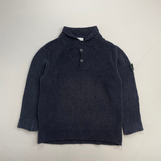 Stone Island Navy AW97 Chenille Knit Button-Up Green Edge Badge Jumper