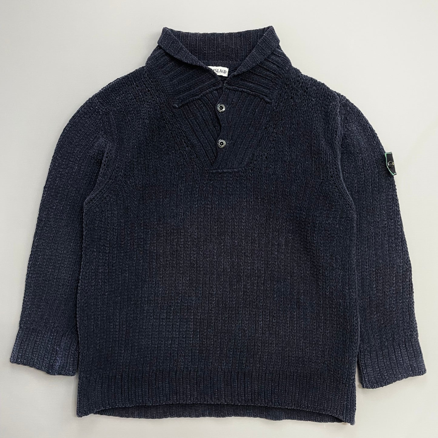 Stone Island Navy AW97 Chenille Knit Button-Up Green Edge Badge Jumper