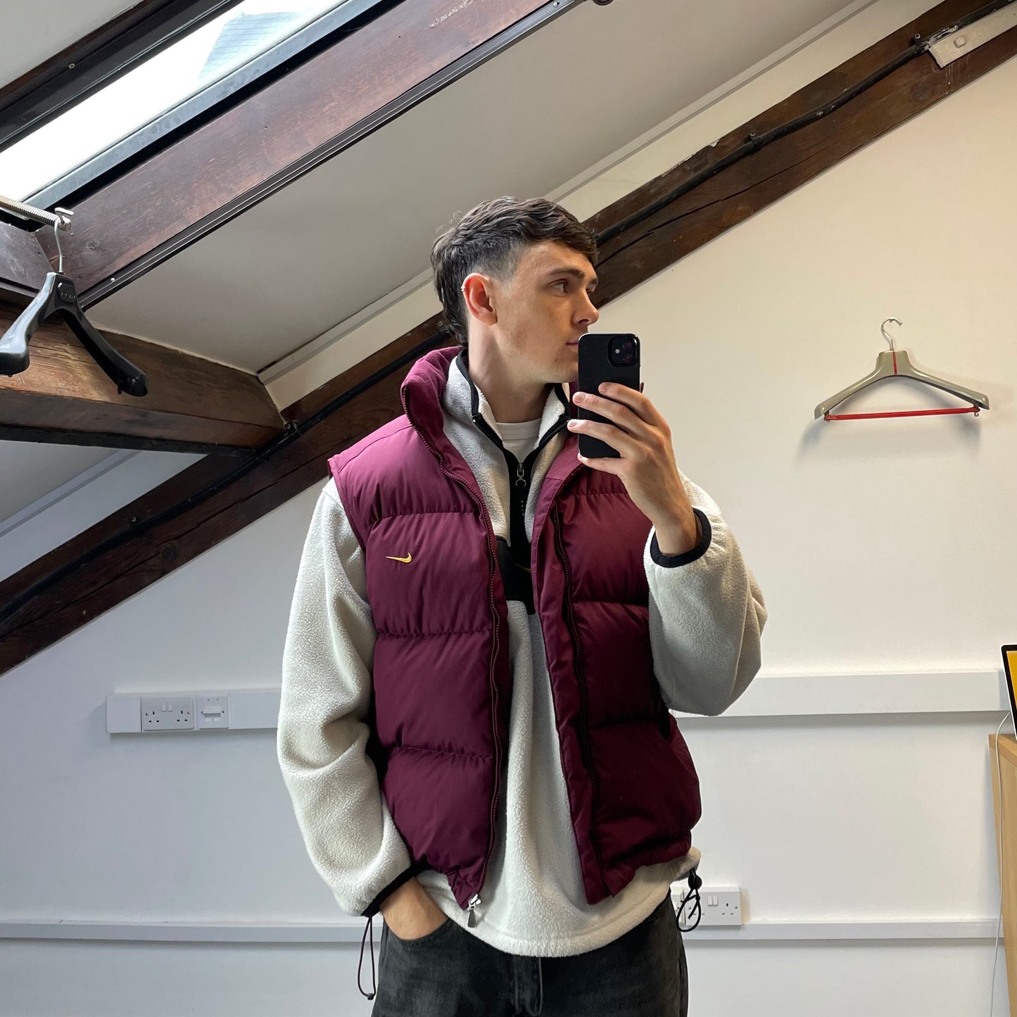 Nike Maroon 2002 Fall Release Down Puffer Gilet Vest w/ Concealed Hood