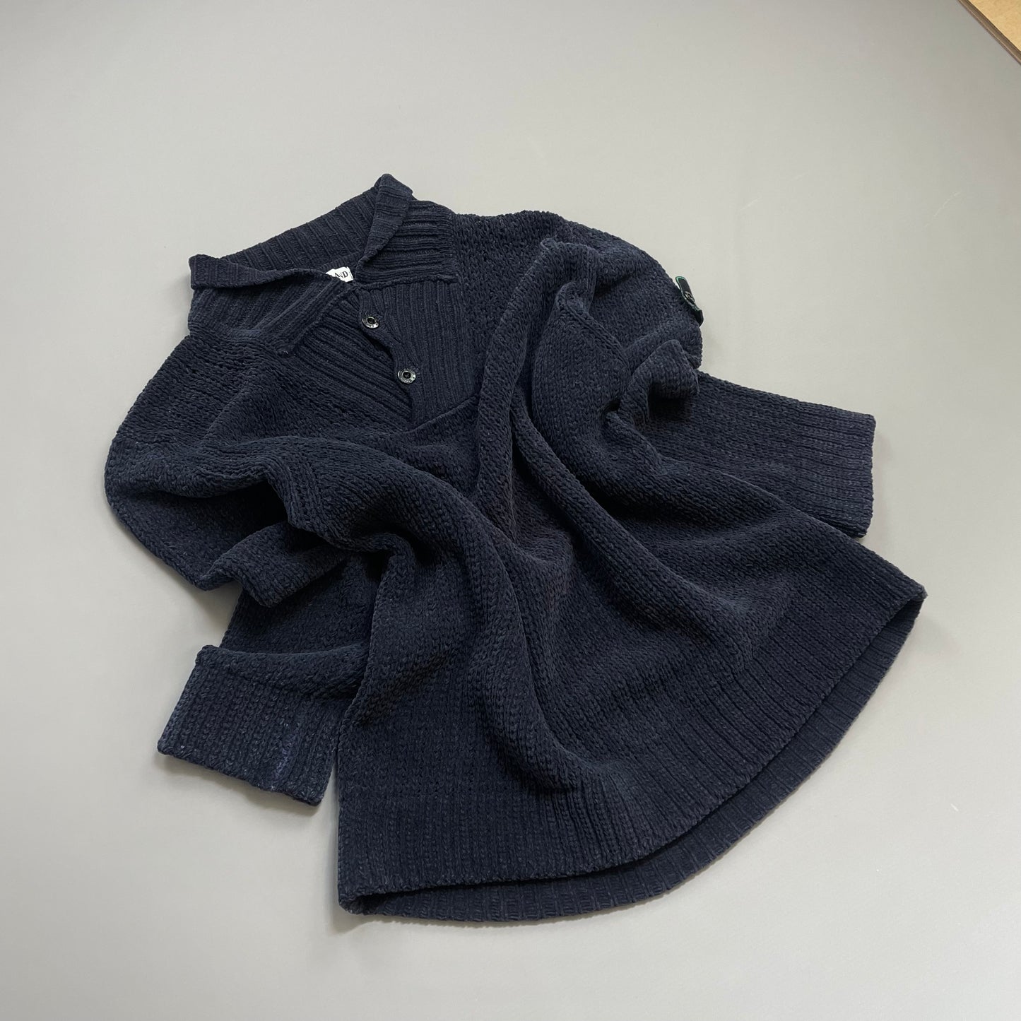 Stone Island Navy AW97 Chenille Knit Button-Up Green Edge Badge Jumper