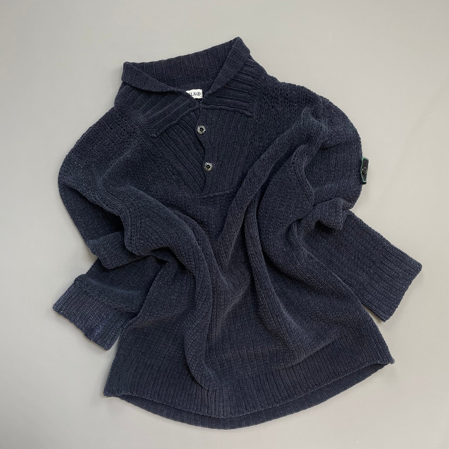 Stone Island Navy AW97 Chenille Knit Button-Up Green Edge Badge Jumper