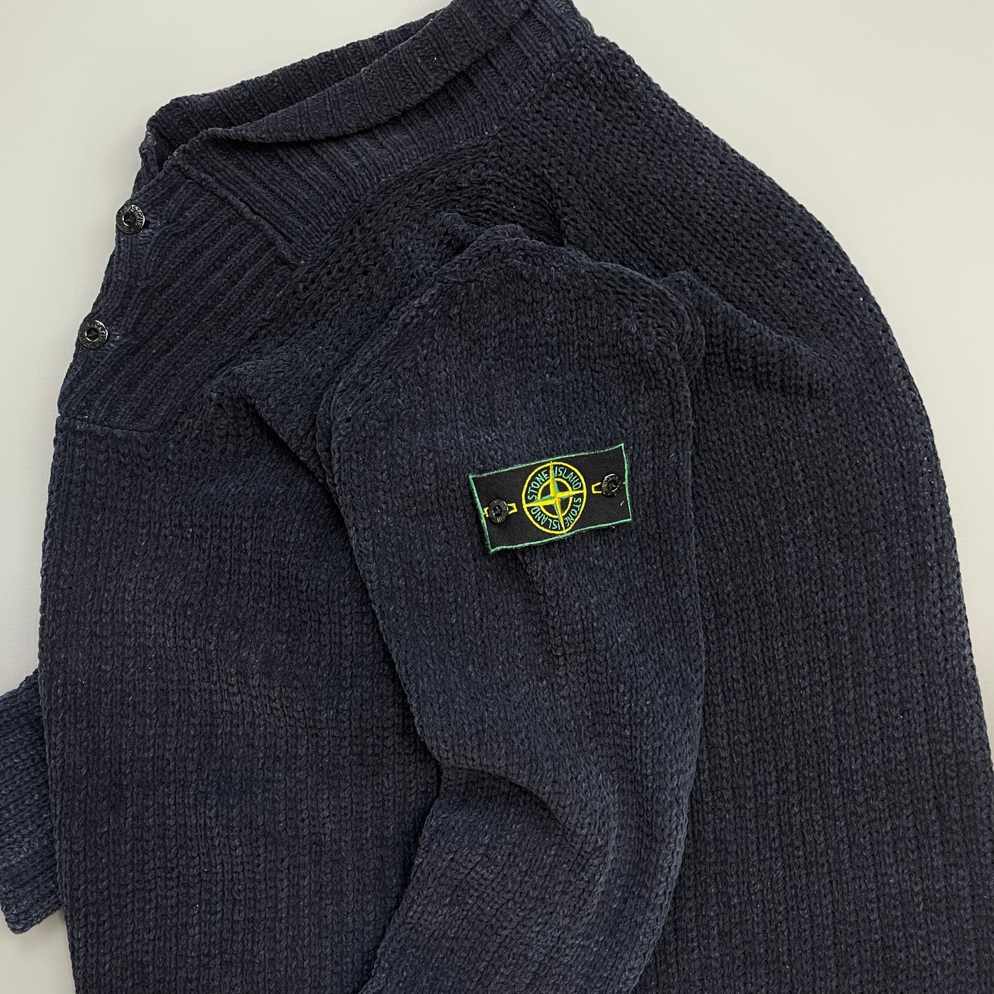 Stone Island Navy AW97 Chenille Knit Button-Up Green Edge Badge Jumper