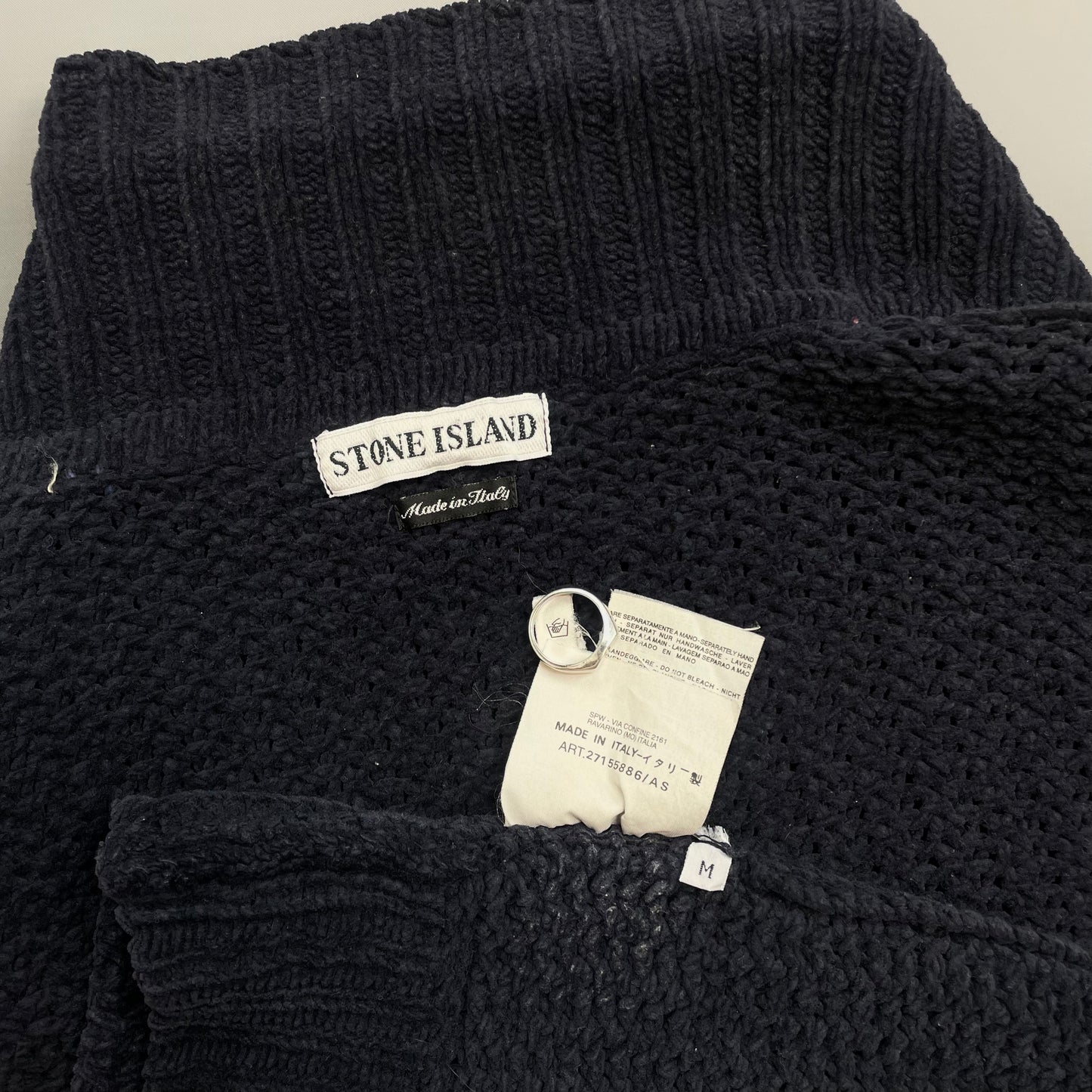 Stone Island Navy AW97 Chenille Knit Button-Up Green Edge Badge Jumper