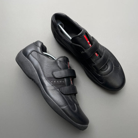 Prada Sport Black 00s Leather Spellout Strap Americas Cup Trainers
