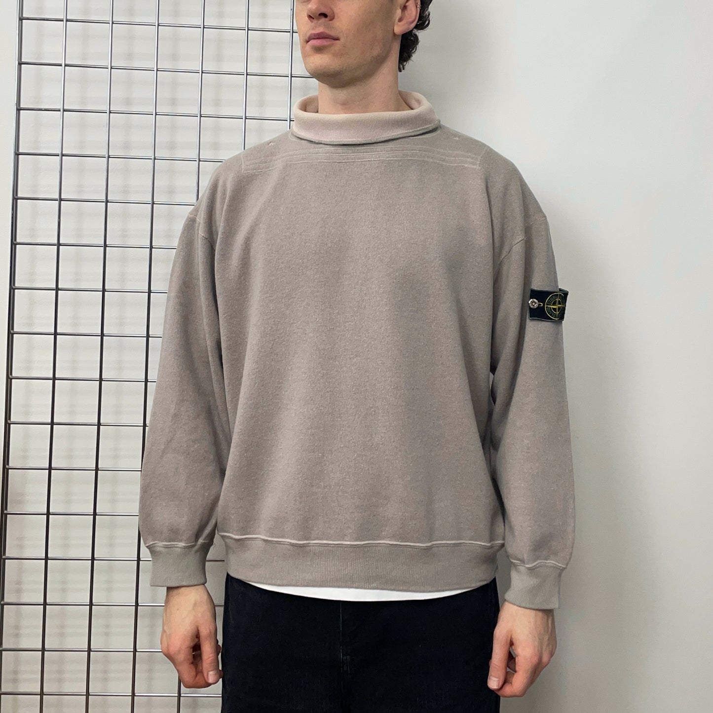 Stone Island Grey Pink 80s Silver Button Compass Emblem Roll-Neck Jumper