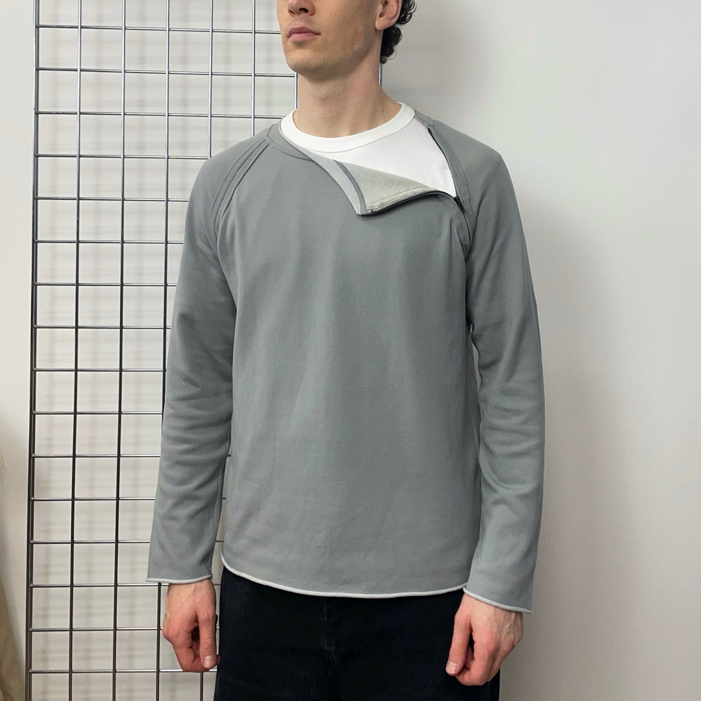 Emporio Armani Grey 00s Raw-Edge Shoulder Zip Technical Jumper