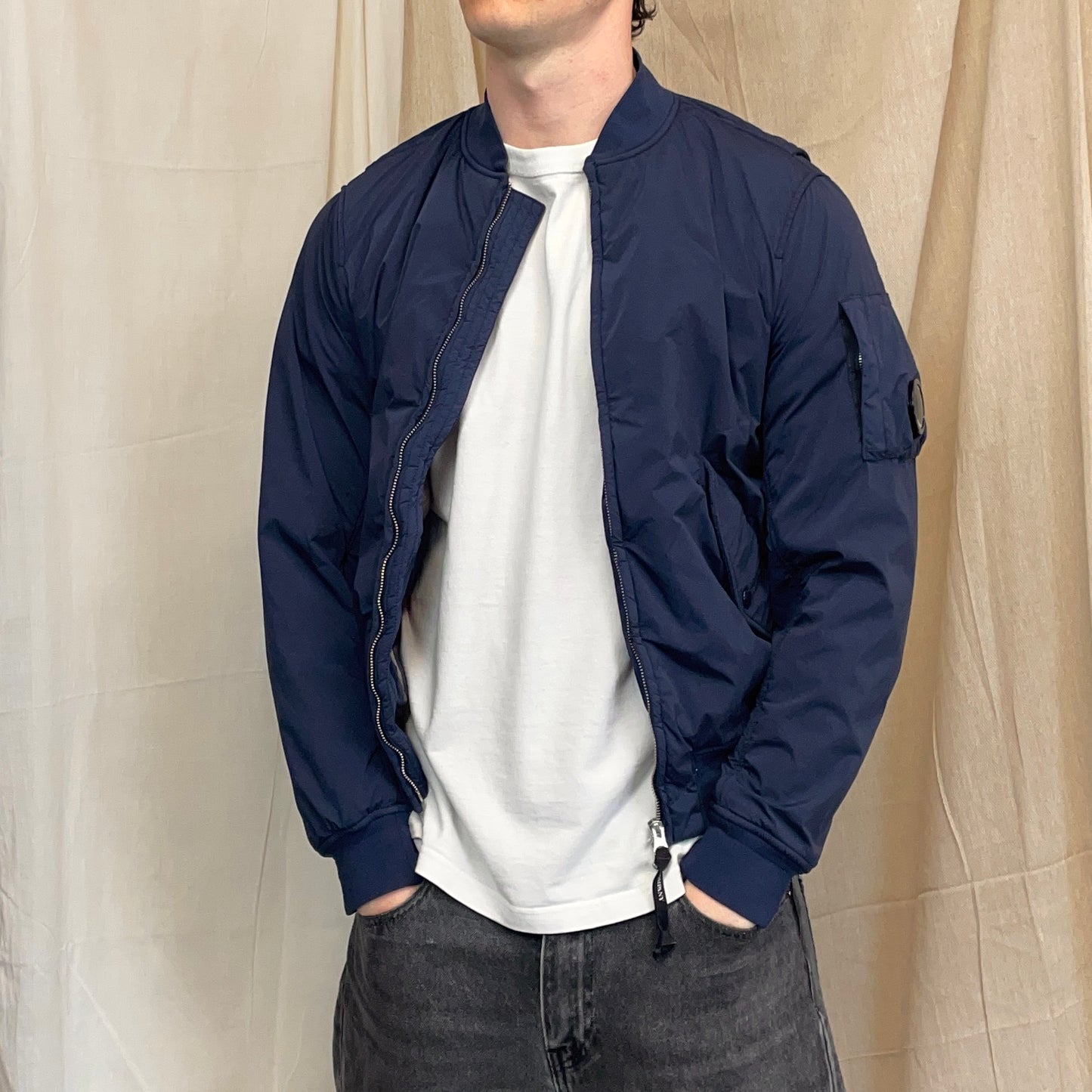 C.P. Company Blue Fleece-Lined Nycra Lens Bomber Jacket