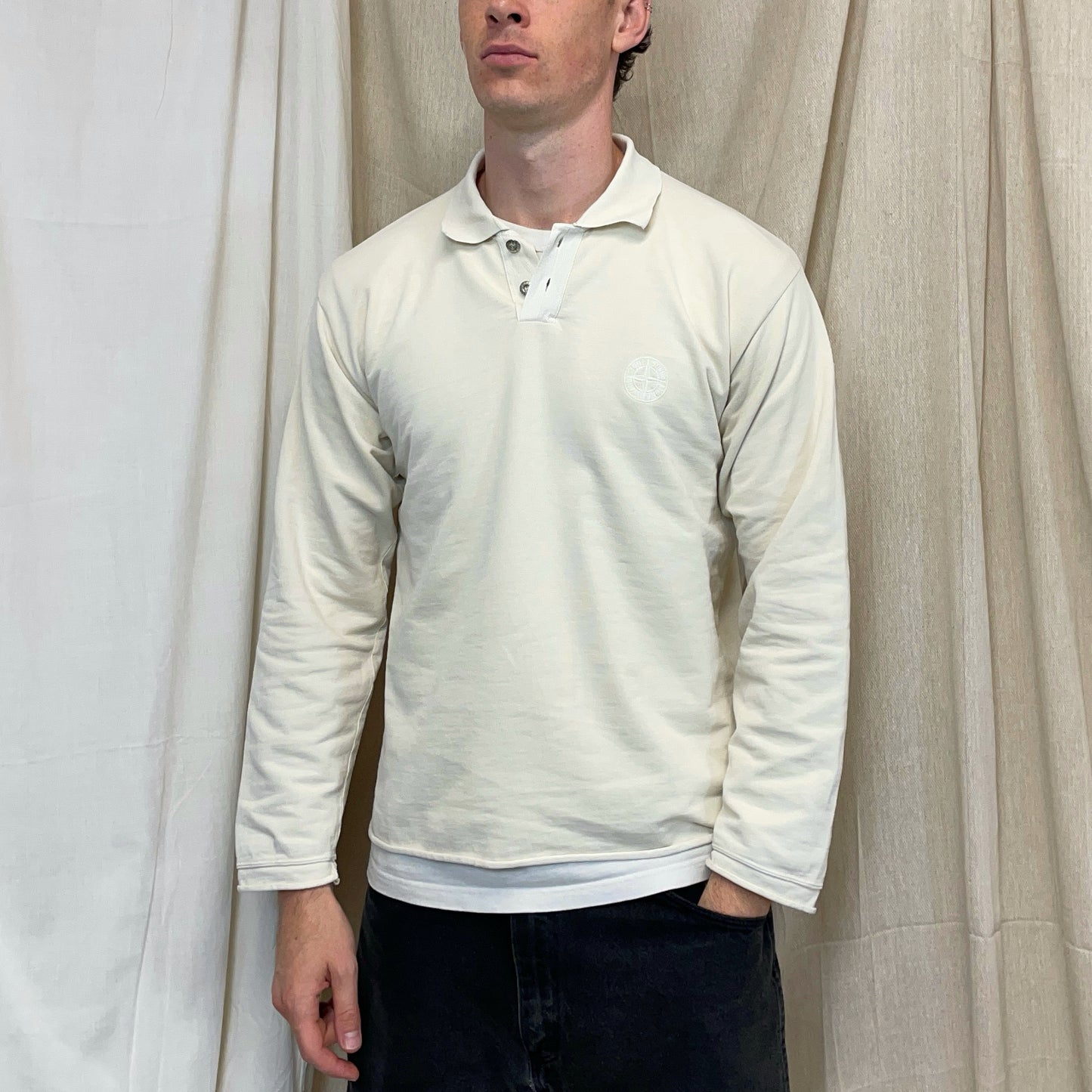 Stone Island Cream 80s Silver Button Longsleeve Polo Shirt