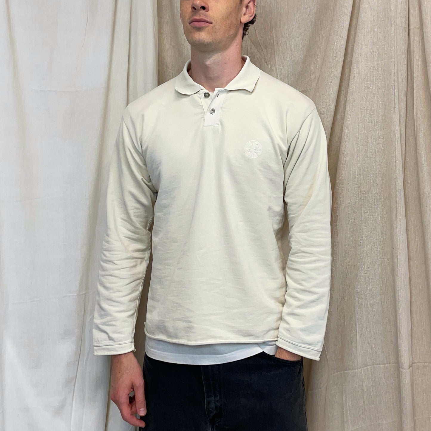 Stone Island Cream 80s Silver Button Longsleeve Polo Shirt
