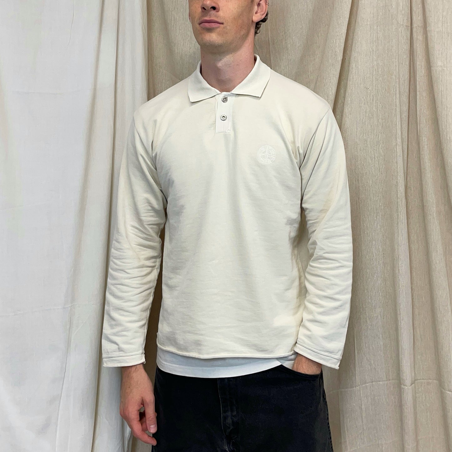 Stone Island Cream 80s Silver Button Longsleeve Polo Shirt